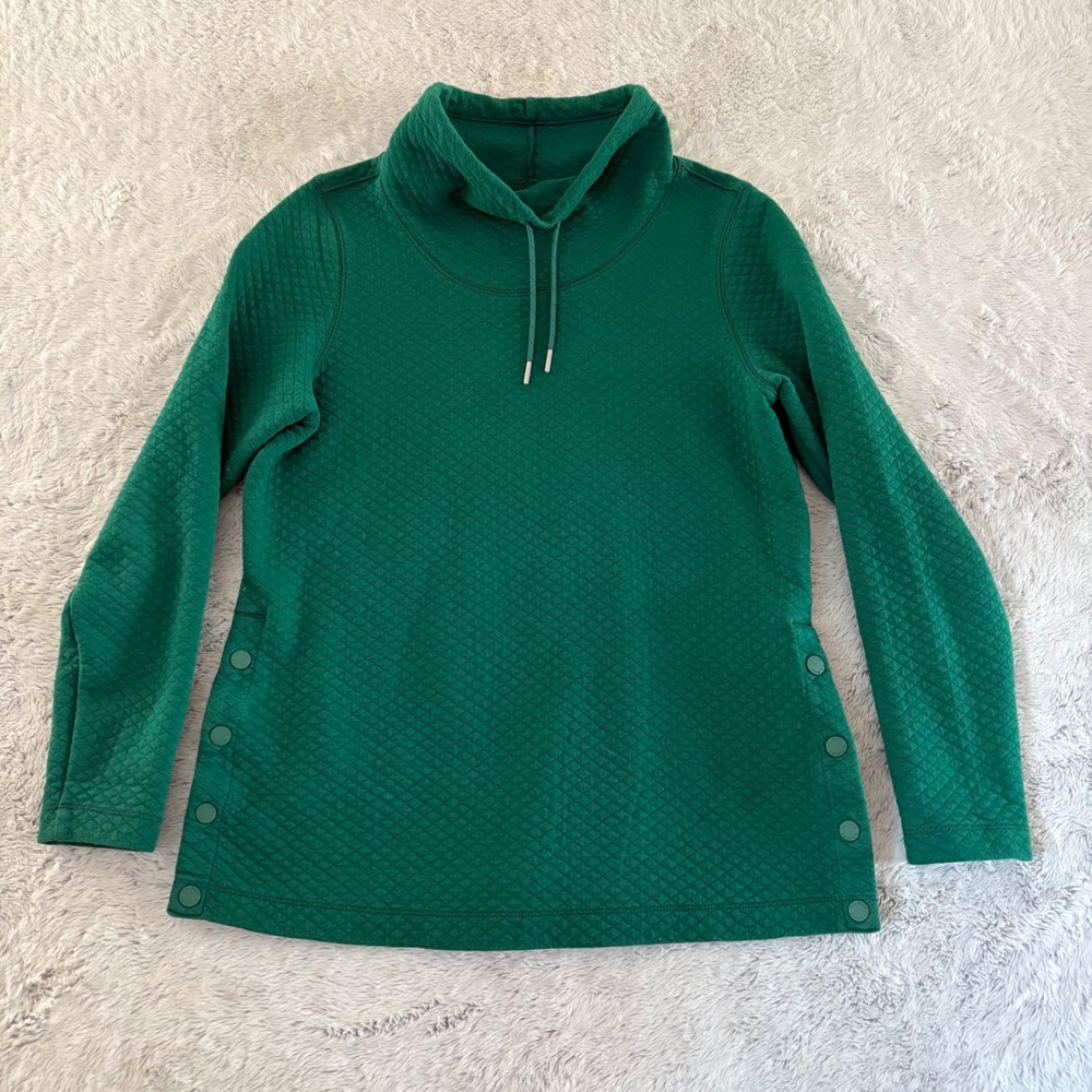LL Bean Quilted Funnel Neck Pullover Green Snap Side Sweatshirt Women SP